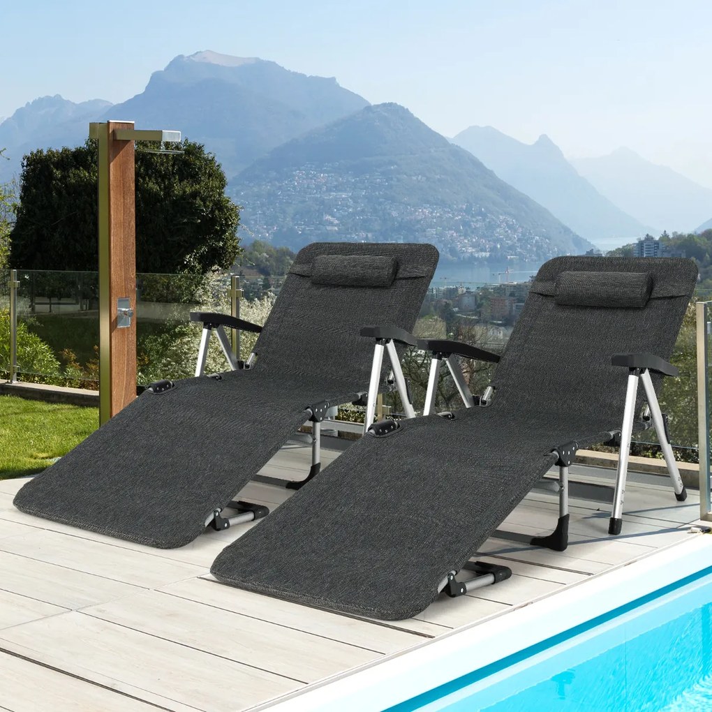 Espreguiçadeira de Campismo Ajustável e Dobrável Portatil Exterior com Cadeira de Almofada Reclinável Removível para Piscina de Praia Relva Jardim Preta