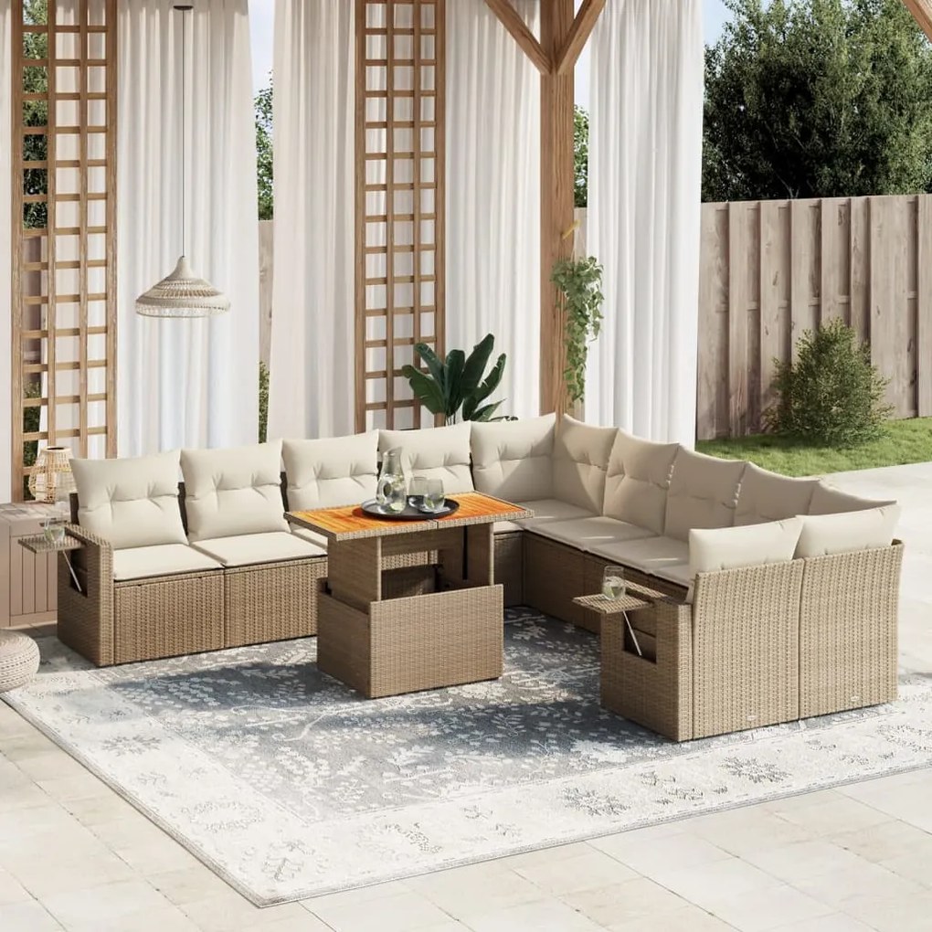 11 pcs conjunto sofás de jardim c/ almofadões vime PE bege