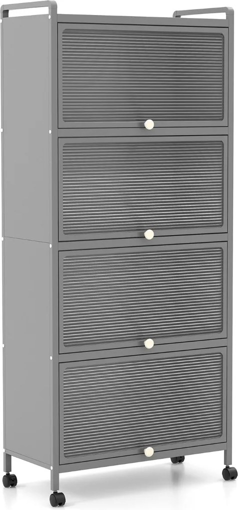 Armario de cozinha de 5 níveis sobre rodas Estante de cozinha de 5 níveis com portas articuladas 60 x 32 x 154 cm Cinzento