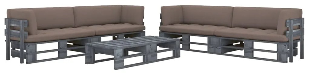 6 pcs conj. lounge paletes c/ almofadões pinho impregnado cinza