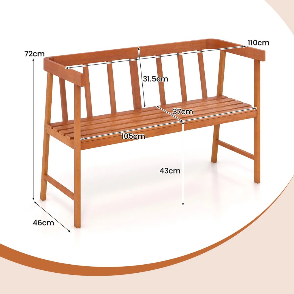 Banco de jardim em madeira de acácia para 2 pessoas com encosto e braços Carga 360kg 110 x 46 x 72 cm Natural