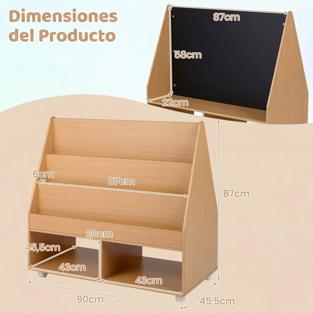 Estante infantil móvel com quadro negro 90 x 45,5 x 87 cm, 3 prateleiras e 2 compartimentos abertos, para arrumação no quarto crianças cor natural