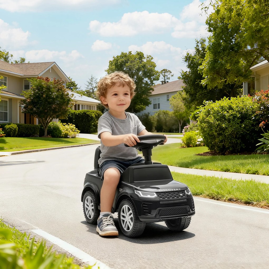 Andarilho para crianças com licença da Land Rover, veículo para empurrar, buzina, sons de motor, espaço de arrumação debaixo do assento, preto