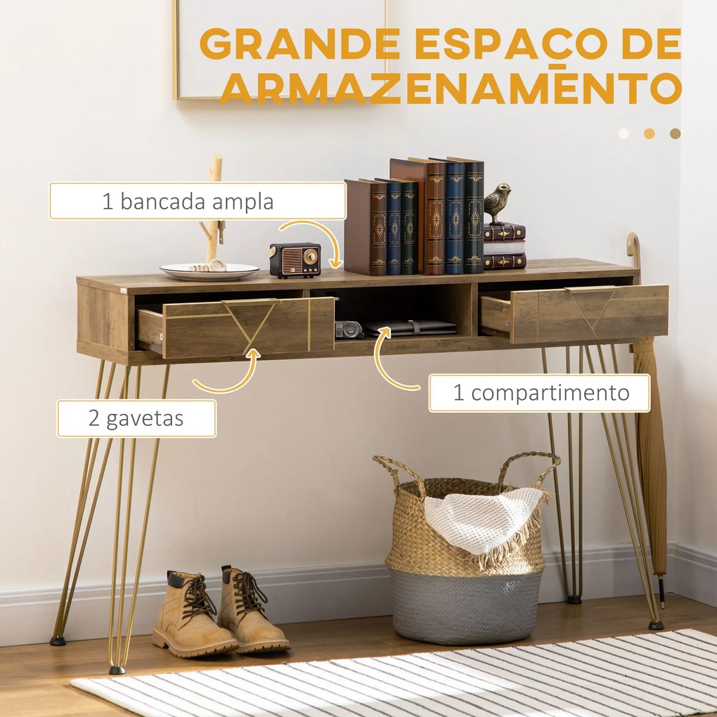 HOMCOM Consola Móvel de Entrada com 2 Gavetas Prateleira Aberta e Pés de Aço para Sala de Estar Corredor Estilo Moderno 120x29x79cm Madeira e Bronze
