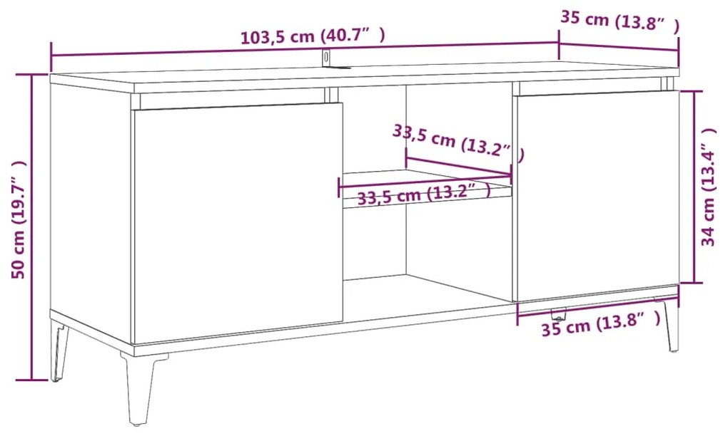 Móvel de TV com pernas em metal 103,5x35x50 cm sonoma cinzento