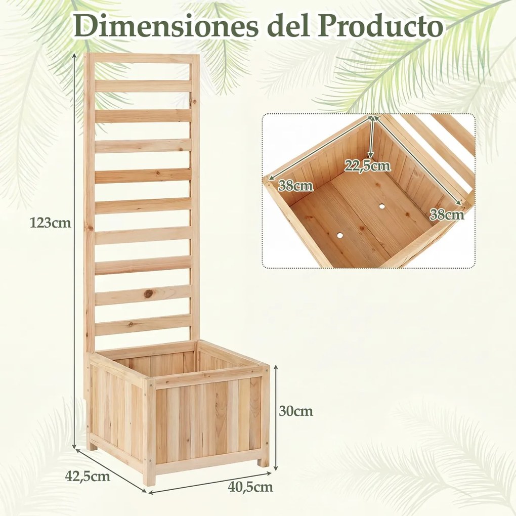 Floreira de jardim elevada de madeira com treliça 42,5 x 40,5 x 123 cm Vaso elevado com orifícios de drenagem e espaços para plantas trepadeiras Flore