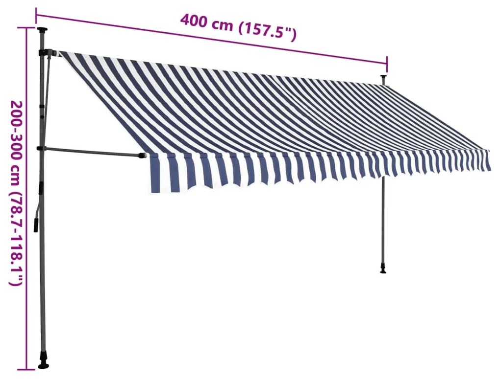 Toldo retrátil manual com LED 400 cm azul e branco