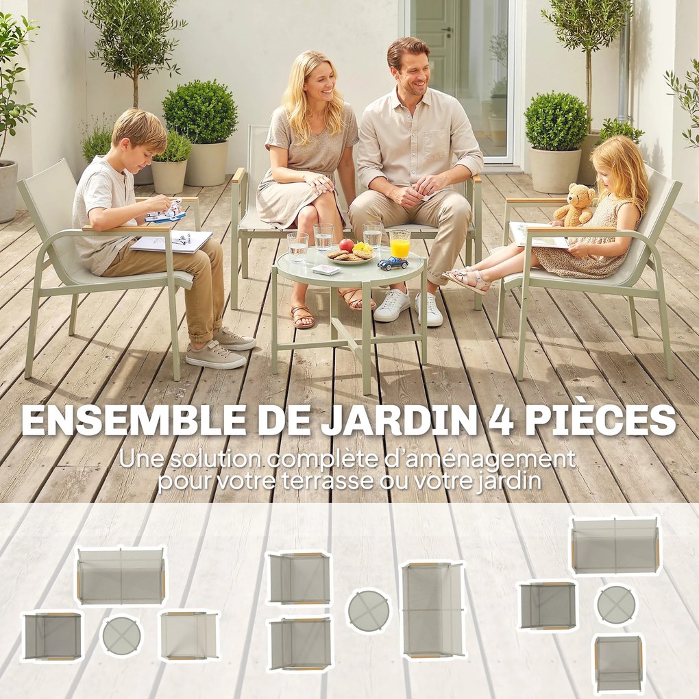 Conjunto de jardim para terraço com sofá de 2 lugares, 2 poltronas e mesa de centro em vidro temperado, 4 peças, verde