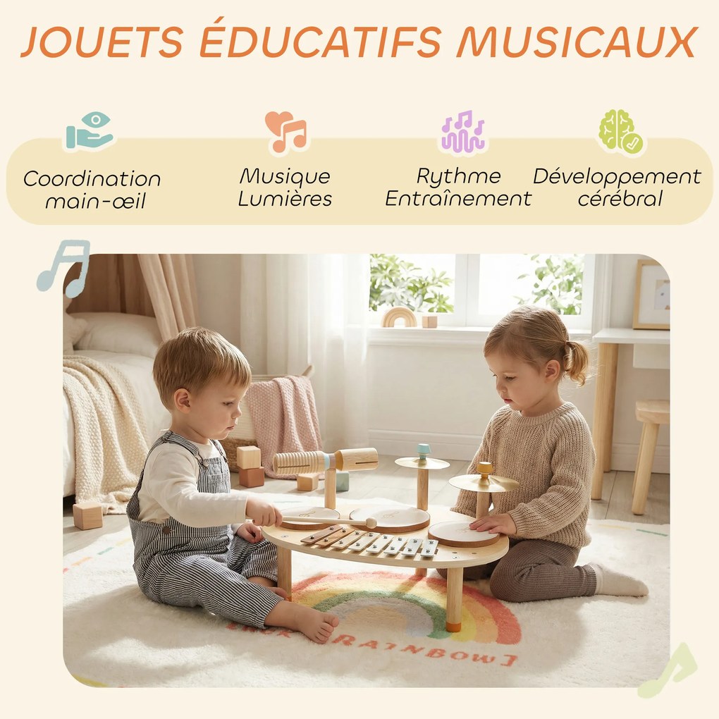 Conjuntos de tambores para bebés, tambor para bebés com xilofone para crianças pequenas, instrumentos musicais de madeira, naturais