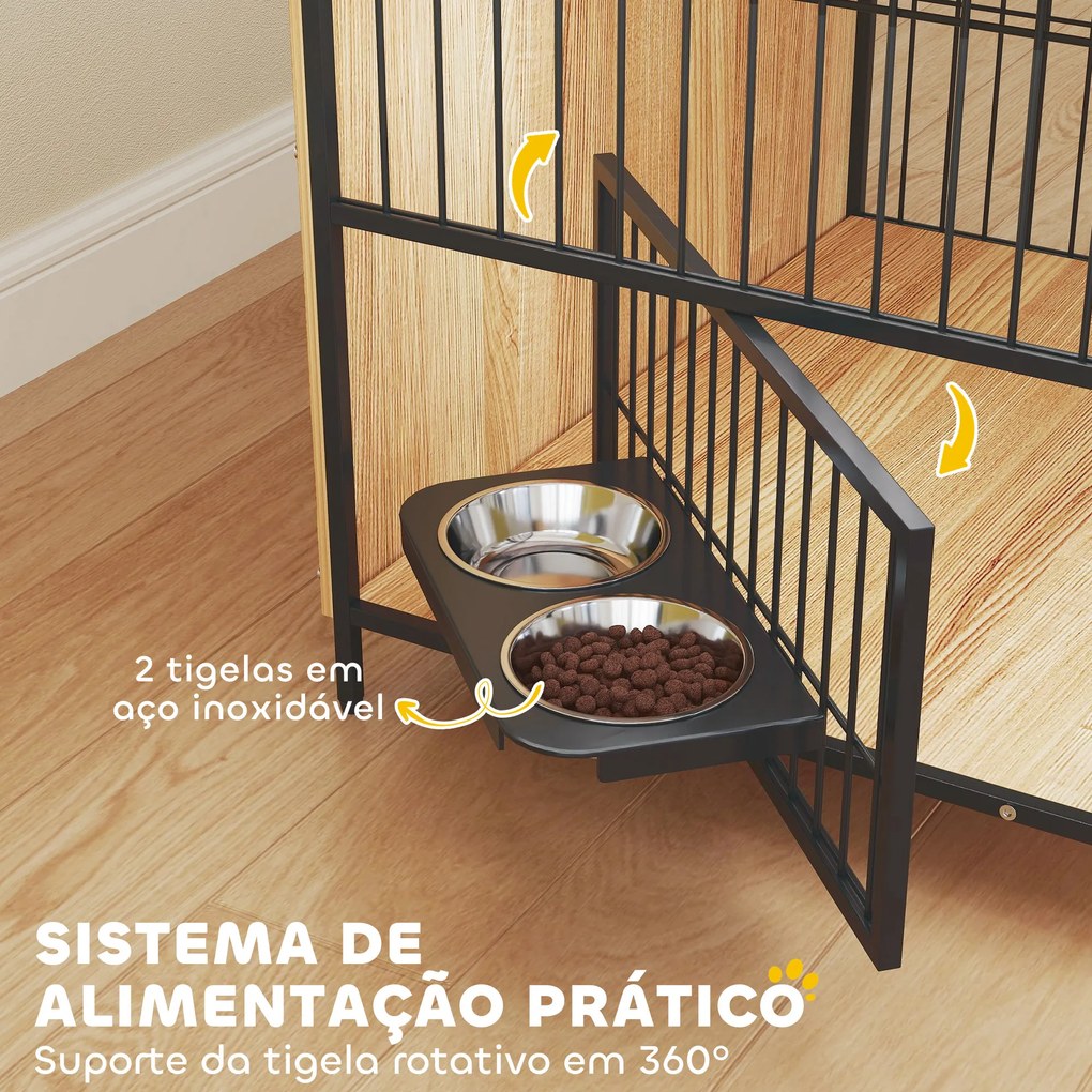 Gaiola para Cães Mesa Auxiliar Moderna com Suporte Giratório com 2 Tigelas para Cães Médios 80x56x76,5 cm Madeira e Preto
