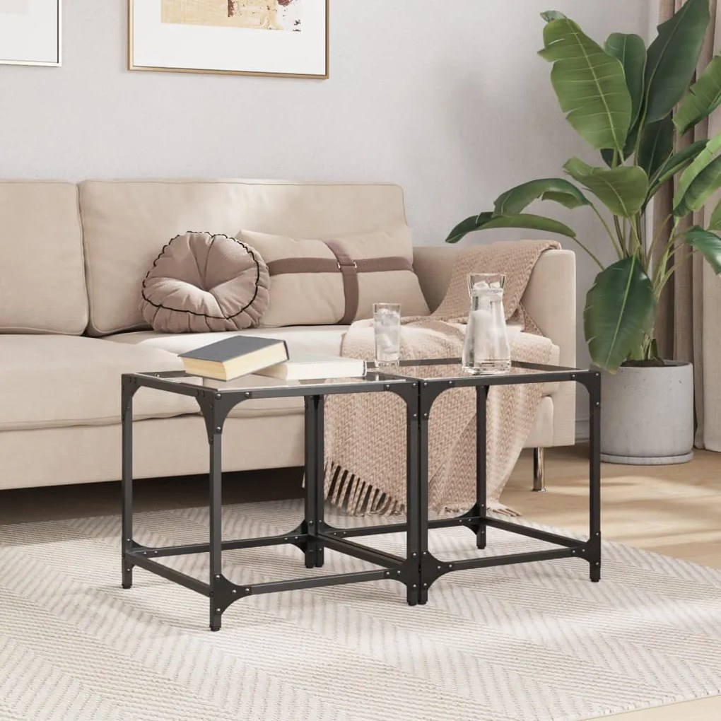 Mesas de centro c/ topo vidro transparente 2 pcs 40x40x40cm aço