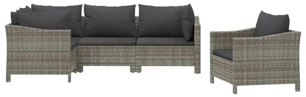5 pcs conjunto lounge de jardim c/ almofadões vime PE cinzento