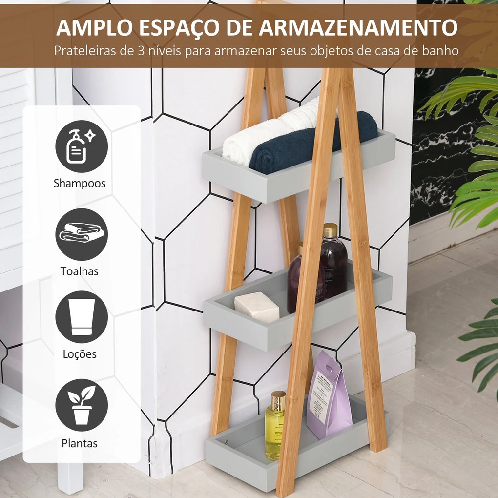 Estante de Bambú para Casa de Banho com 3 Prateleiras de Armazenamento Móvel Organizador 30x18x81 cm Madeira e Cinza