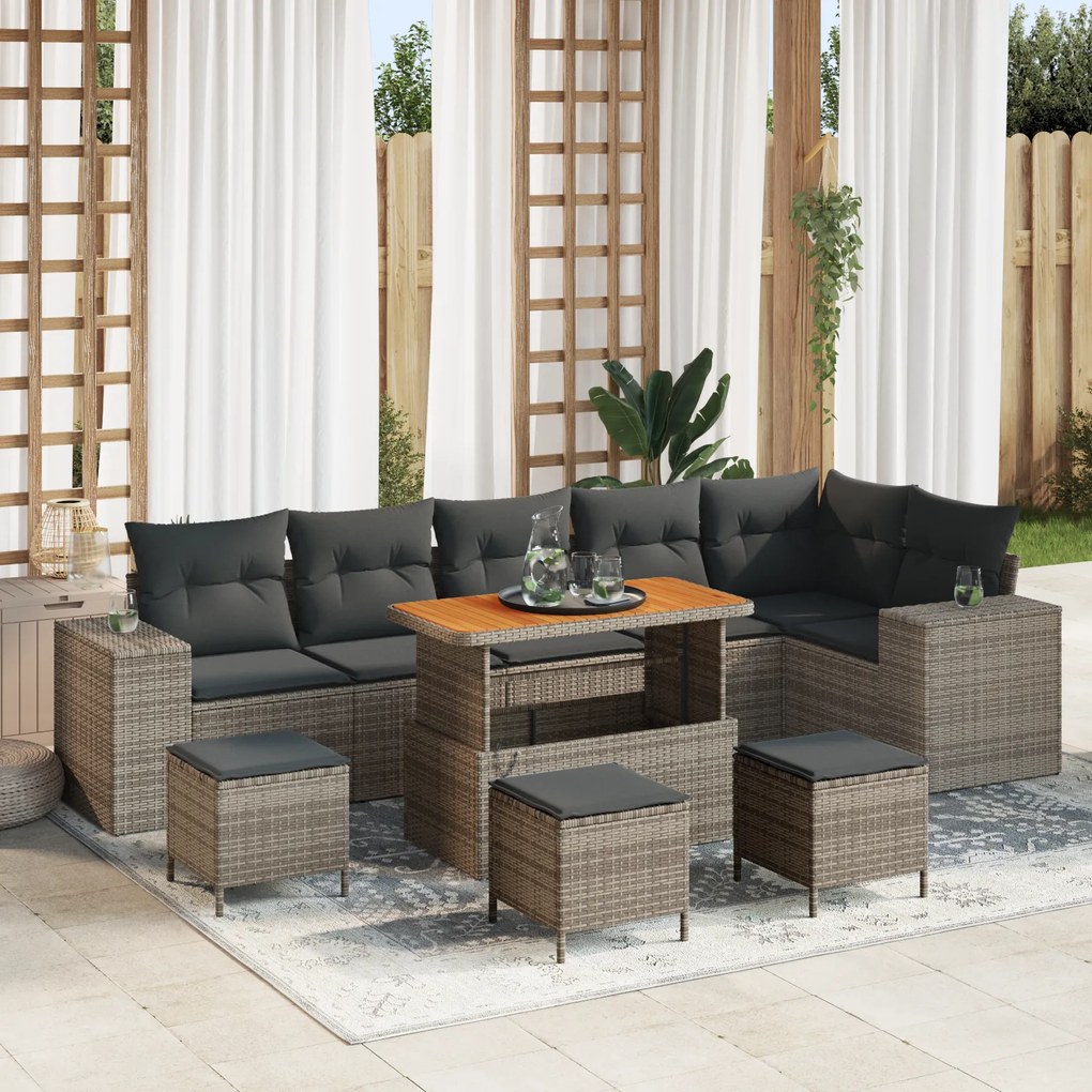 Conjunto de Sofá de Jardim com Almofadas em Cinza e Vime Sintético Acá