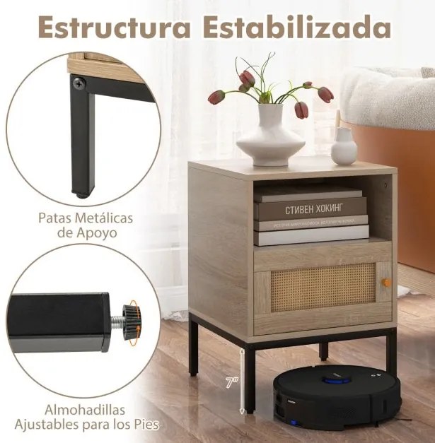 Conjunto de 2 mesas de cabeceira em rattan com porta e prateleira para quarto ou sala de estar 40 x 40 x 57 cm Natural