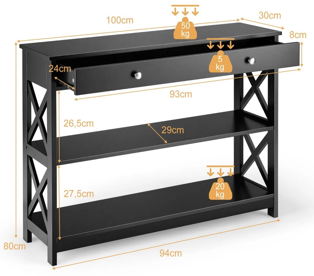 Mesa Consola com 1 gaveta e 2 prateleiras Mesa de entrada com design em X para hall de entrada e corredor 100 x 30 x 80 cm Preta