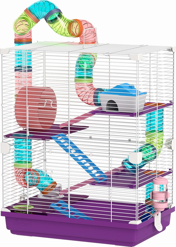Gaiola para hamster de 4 andares com túneis, comedouro, roda, casinha e escadas – 46 x 30 x 58 cm – roxa
