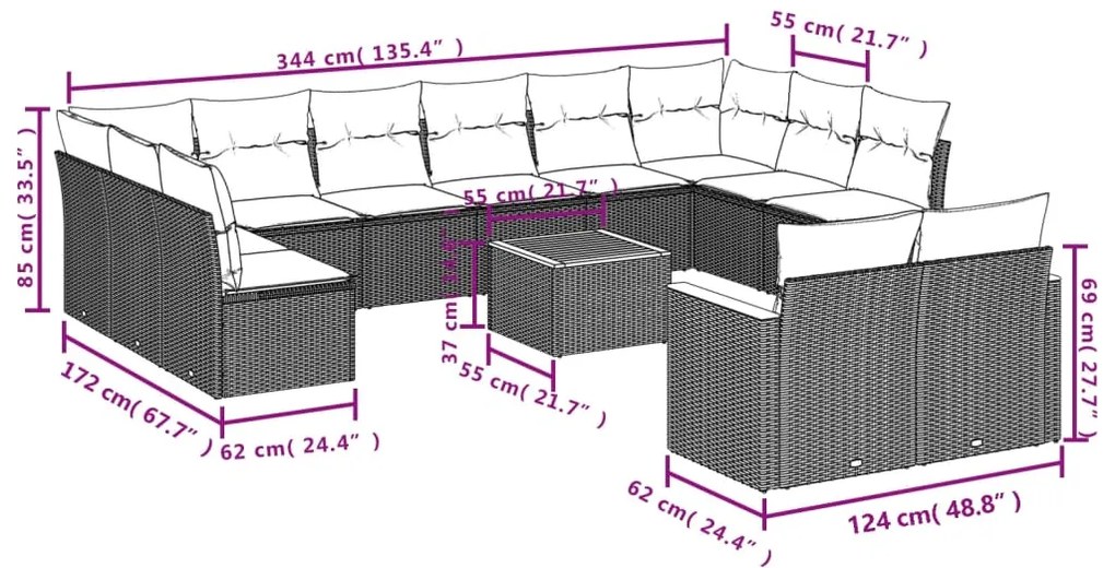 13 pcs conjunto sofás p/ jardim c/ almofadões vime PE cinzento