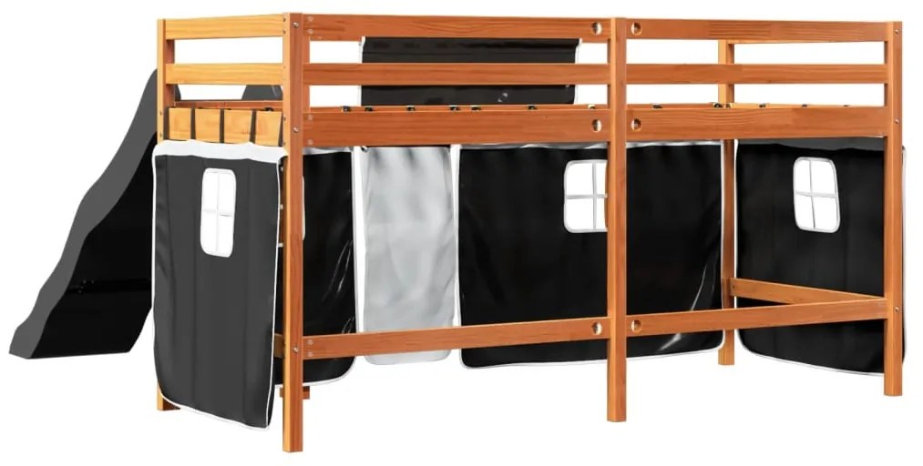 Cama alta criança c/ cortina 90x190cm pinho maciço branco/preto