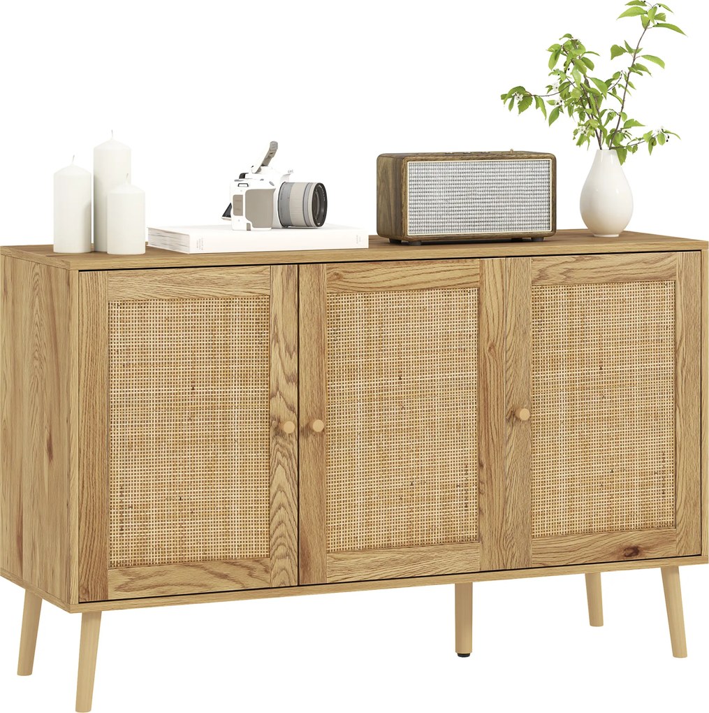 Aparador de sala de estar 120 x 40 x 75 cm com armários com portas em rattan e prateleira ajustável, em madeira natural