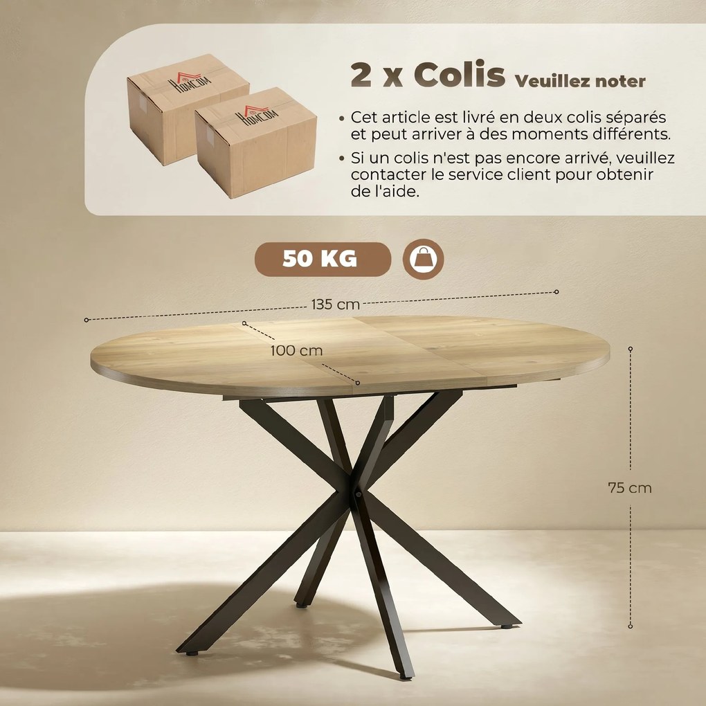 Mesa de jantar oval extensível para 4 a 6 pessoas, mesa de cozinha com extensão de 100-135 cm (CADEIRAS NÃO INCLUIDAS), com efeito de madeira natural