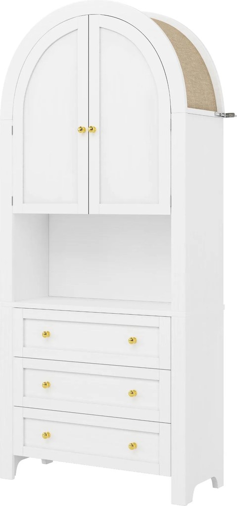 Armário alto com arco de arrumação com 3 gavetas, portas e prateleira expositora aberta, para cozinha e sala, 70x35x180 cm, Branco