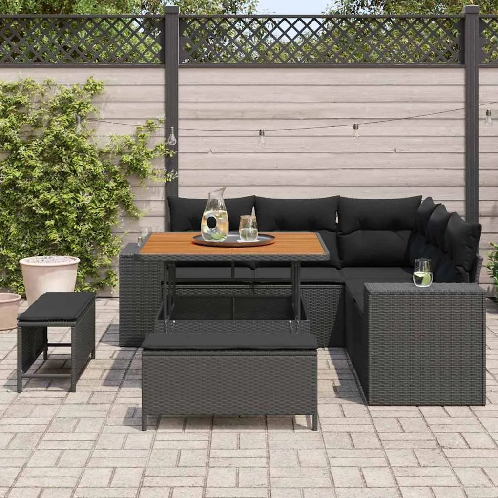 Conjunto de Sofá de Jardim com 8 Peças , Almofadas Rattan Preto, Polié