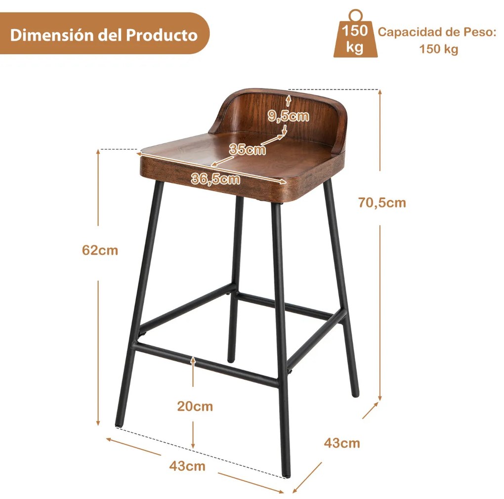 Banco de Bar Alto Banco de Bar 62 cm com Assento e Encosto Cadeira de Altura de Bar Industrial para Sala de Jantar Cozinha Castanho