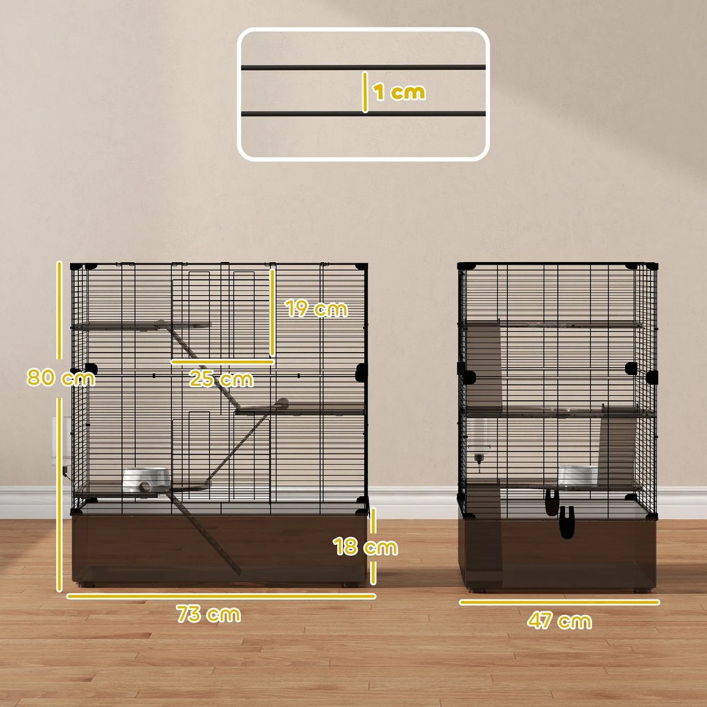 Gaiola para Pequenos Animais de 4 Níveis com Bandeja Inferior Gaiola para Roedores com Rampas Comedouro e Bebedouro 73x47x80 cm Preto