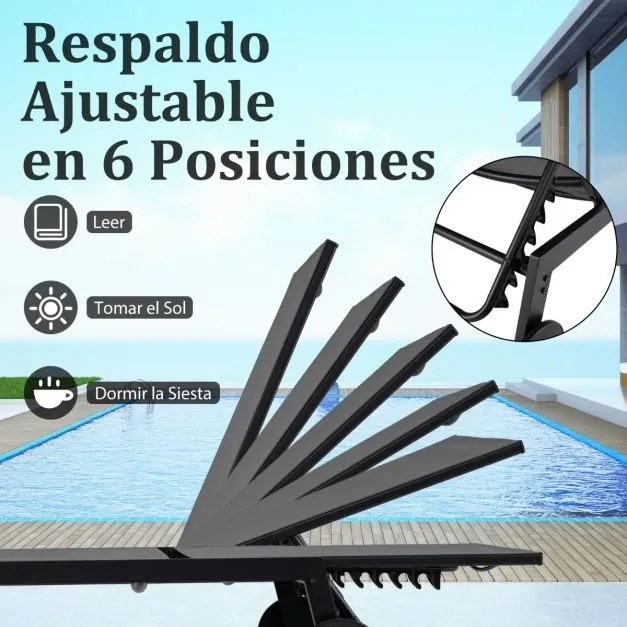 Conjunto de Espreguiçadeira jardim e Mesa de vidro temperado com Encosto ajustável com Rodas para jardim e exterior Cinzenta e Preto