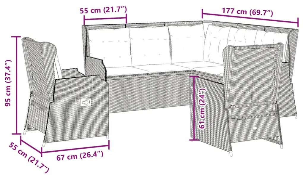 5 pcs conjunto lounge de jardim c/ almofadões vime PE cinzento