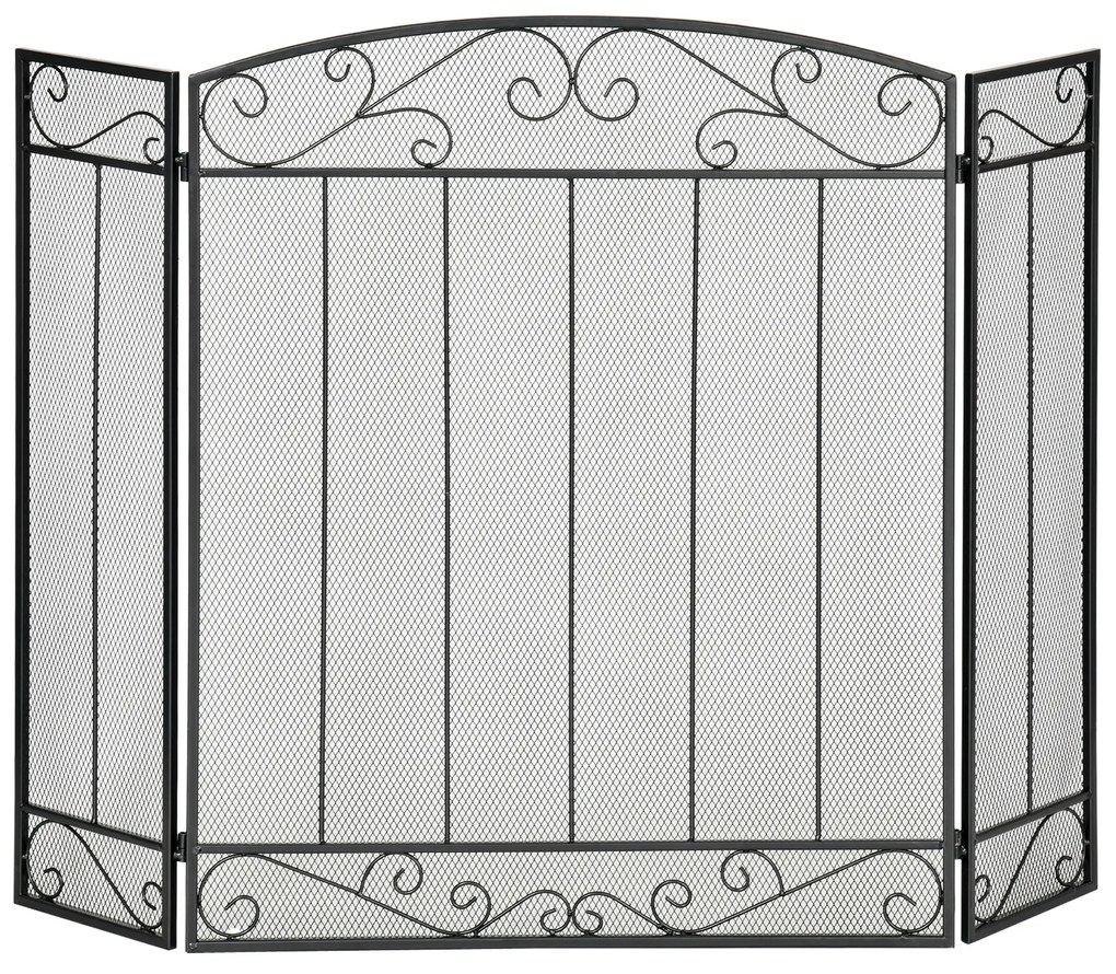 HOMCOM Frente de Lareira Dobrável Frente para Lareira com 3 Painéis Dobradiças Estrutura de Metal e Arame Decorativo 105x80,5cm Preto