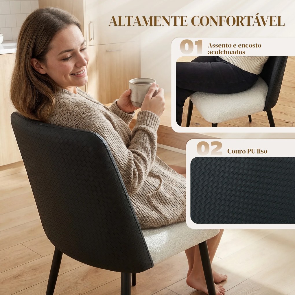 Conjunto de 2 Cadeiras de Cozinha (MESA NÃO INCLUIDA) com Encosto em PU Pernas de Aço e Assento Acolchoado 47,5x57x84 cm Preto e Bege