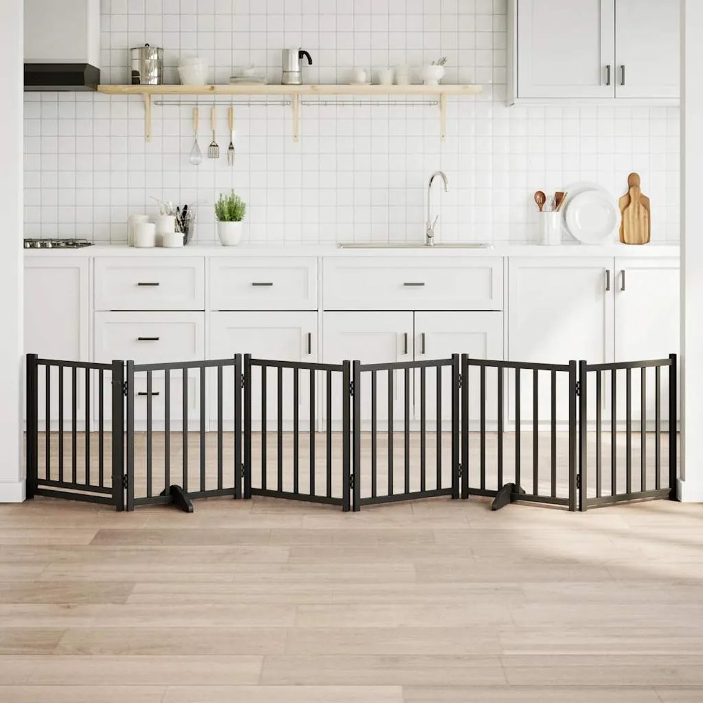 vidaXL Portão p/ cães com porta dobrável 6 painéis 300 cm abeto preto