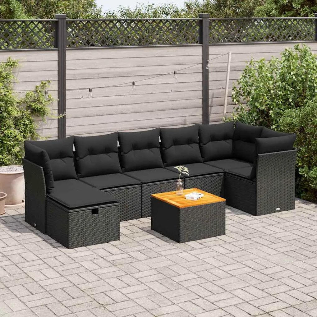 8 pcs conjunto sofás de jardim com almofadões vime PE preto