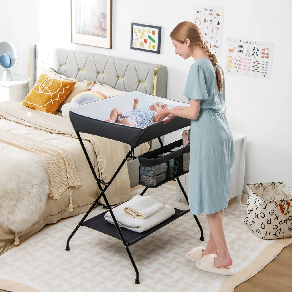 Trocador de fraldas dobrável portátil com 3 compartimentos cesto de fraldas prateleira para bebês 80 x 63 x 103 cm Preto