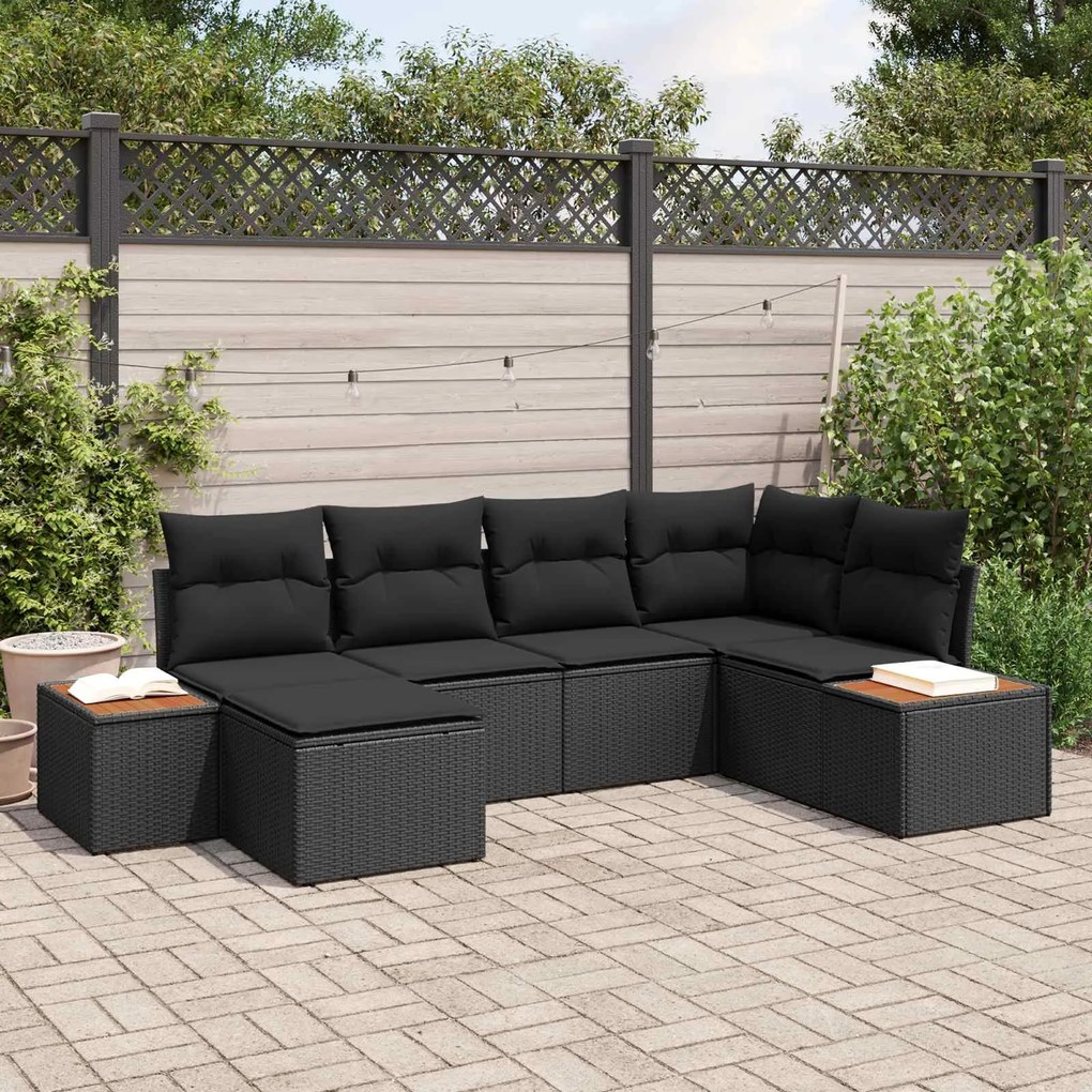 vidaXL Conjunto de Sofá de Jardim com almofada 7 pcs Preto Polirattan