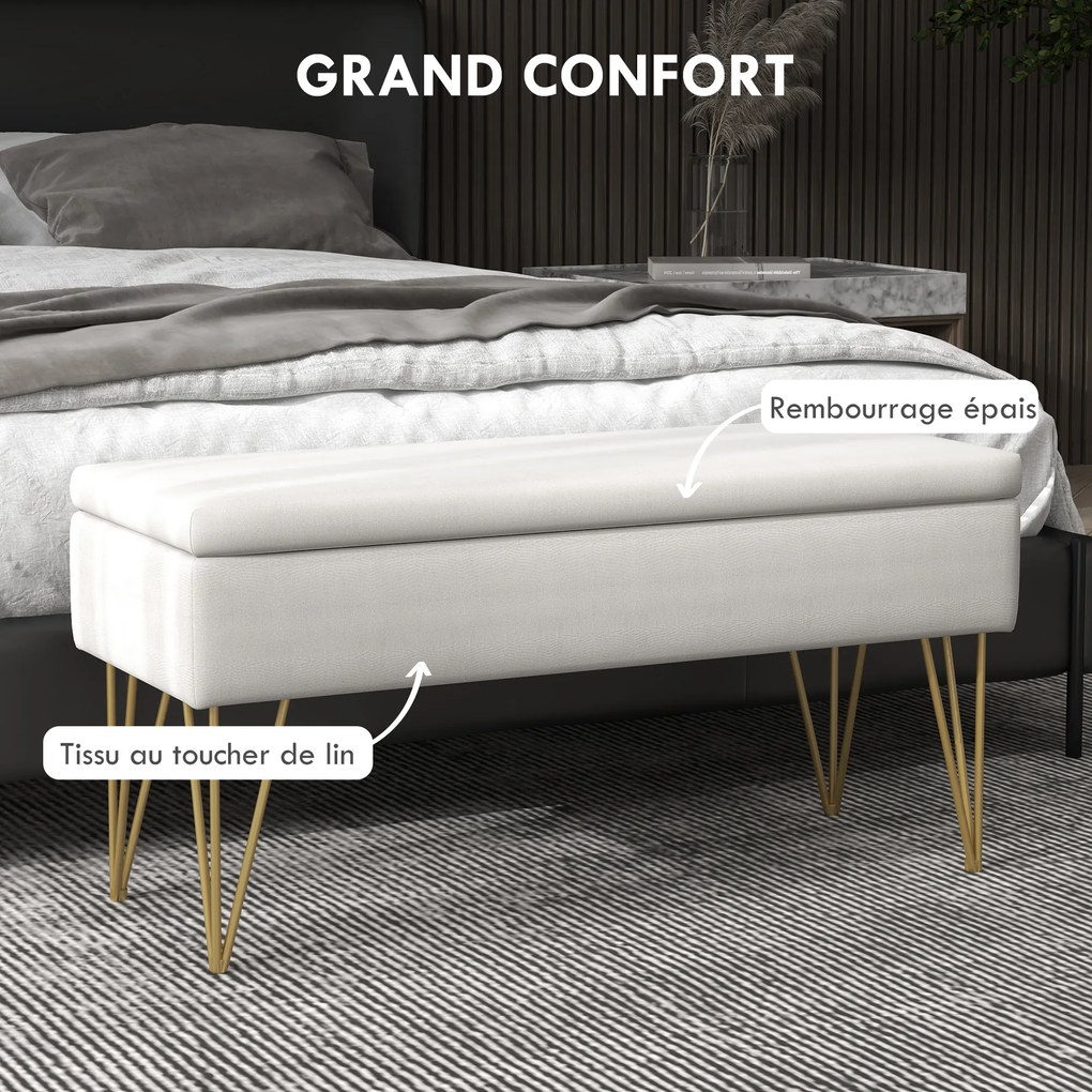 Banco com baú de arrumação 2 em 1 em tecido com pés em forma de alfinete em aço dourado 100 x 40 x 49 cm creme