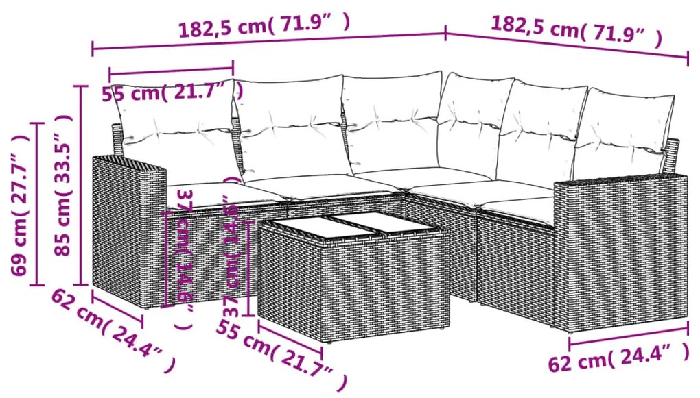 6 pcs conjunto sofás de jardim com almofadões vime cinzento