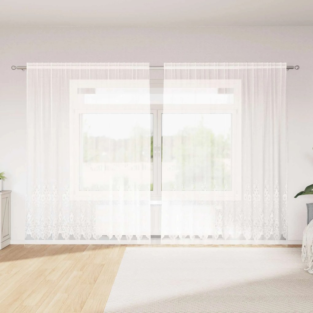 vidaXL Cortina de Renda com cortinas Floral Branco 245x300cm Poliéster