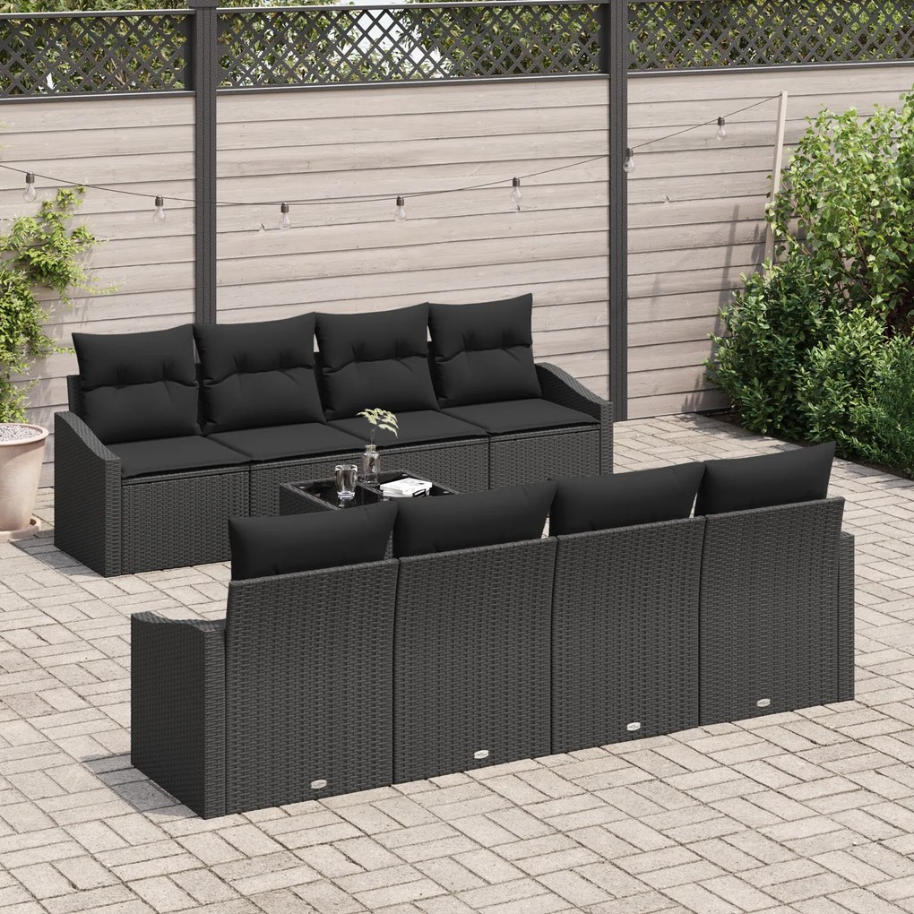 Conjunto de Sofá de Jardim de 7 Peças com Almofadas Preto Rattan PE