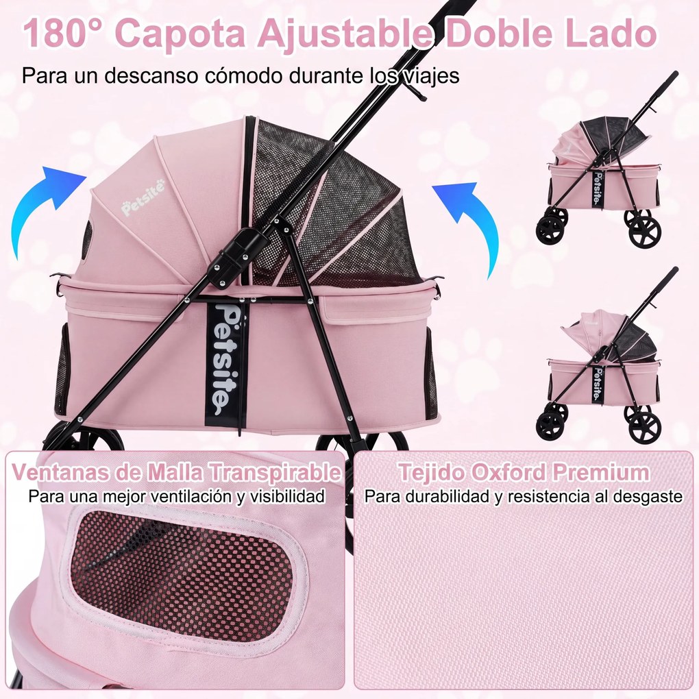 Carrinho para Animais de Estimação, 80 x 57 x 100 cm, Dobrável, Rosa