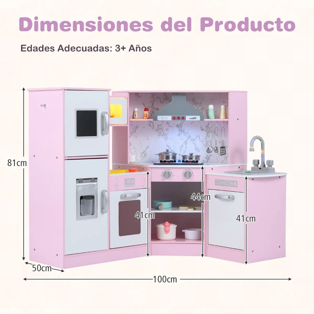 Cozinha de canto brincar em madeira 100 cm x 50 cm x 81 cm com lavatório separado Sons e luzes divertidos para crianças com mais de 3 anos Rosa