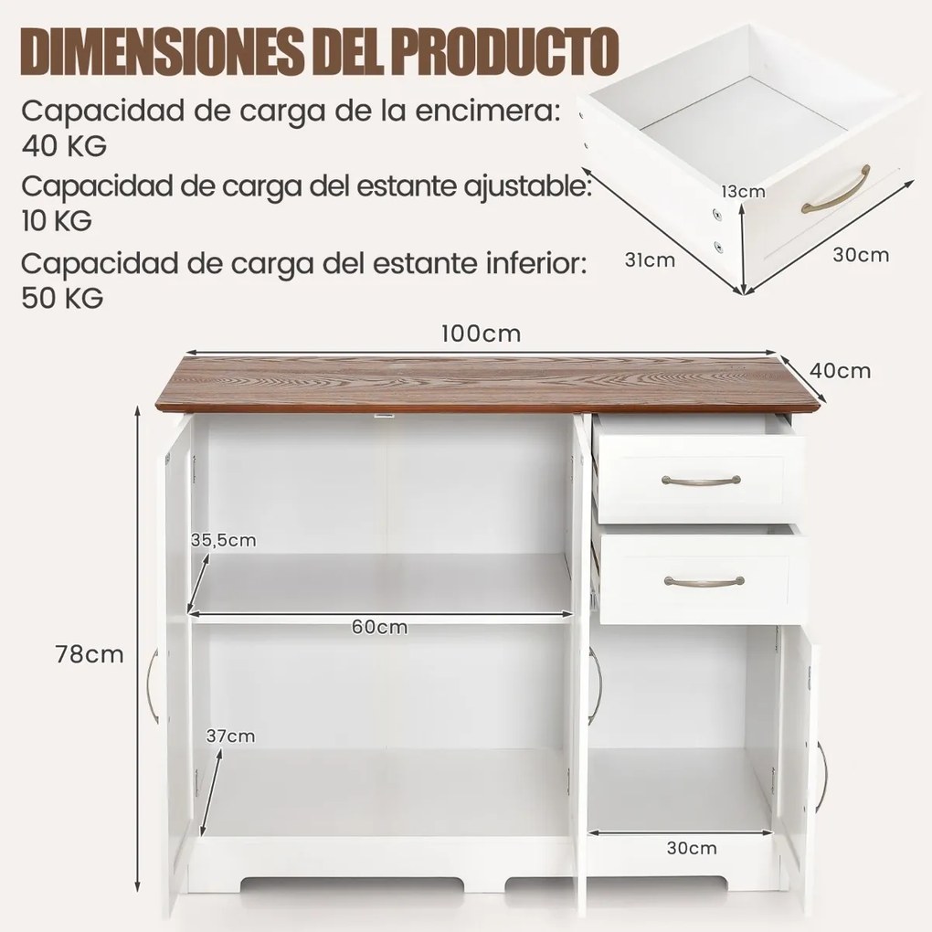 Armário de cozinha com 2 portas 2 gavetas Estante ajustável Armário de arrumação Buffet para sala de jantar 100 x 40 x 78 cm Branco