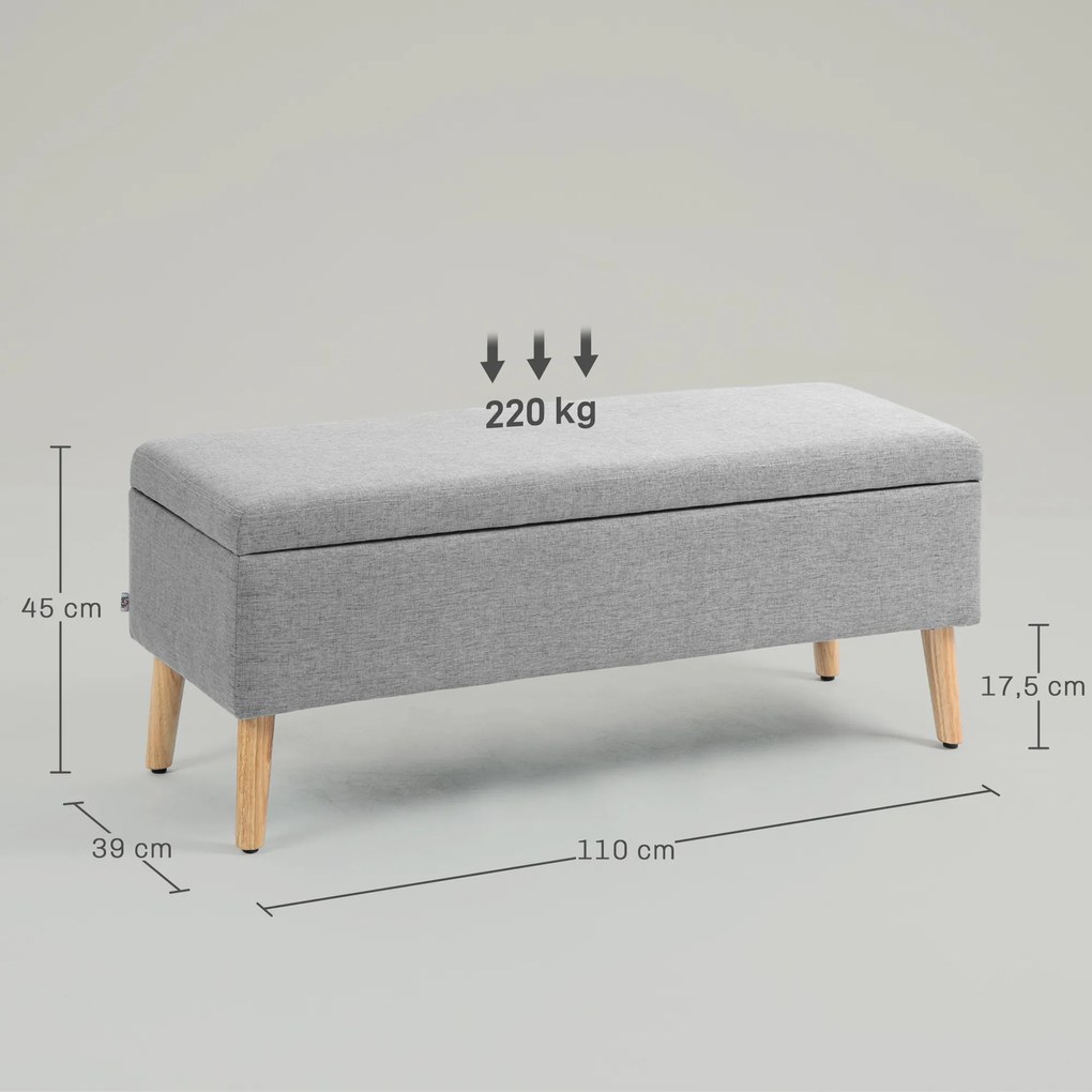 Banco com arrumação estofado com acabamento em linho para quarto, capacidade de 220 kg, 110 x 39 x 45 cm, cinzento