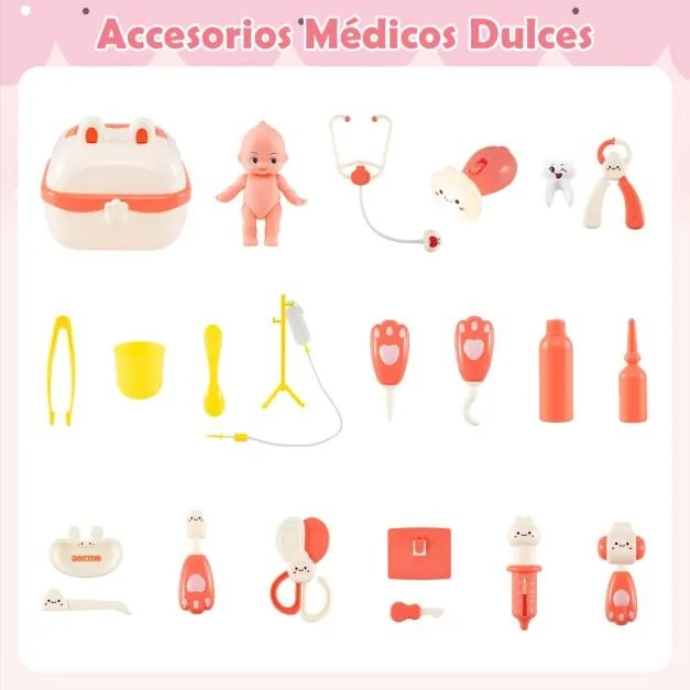 Centro Médico de Brincar de Madeira para Crianças 75 x 28 x 82 cm com Quadro Branco Balança para Animais de Estimação Torneira e Vários Acessórios Ros