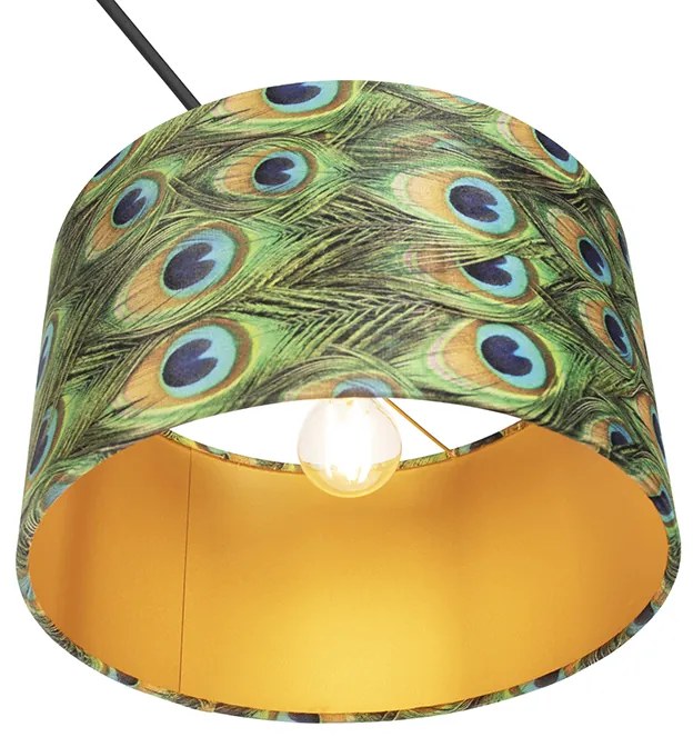 Candeeiro de suspensão preto com abajur de veludo azul-pavão com dourado 35 cm - Blitz Clássico / Antigo
