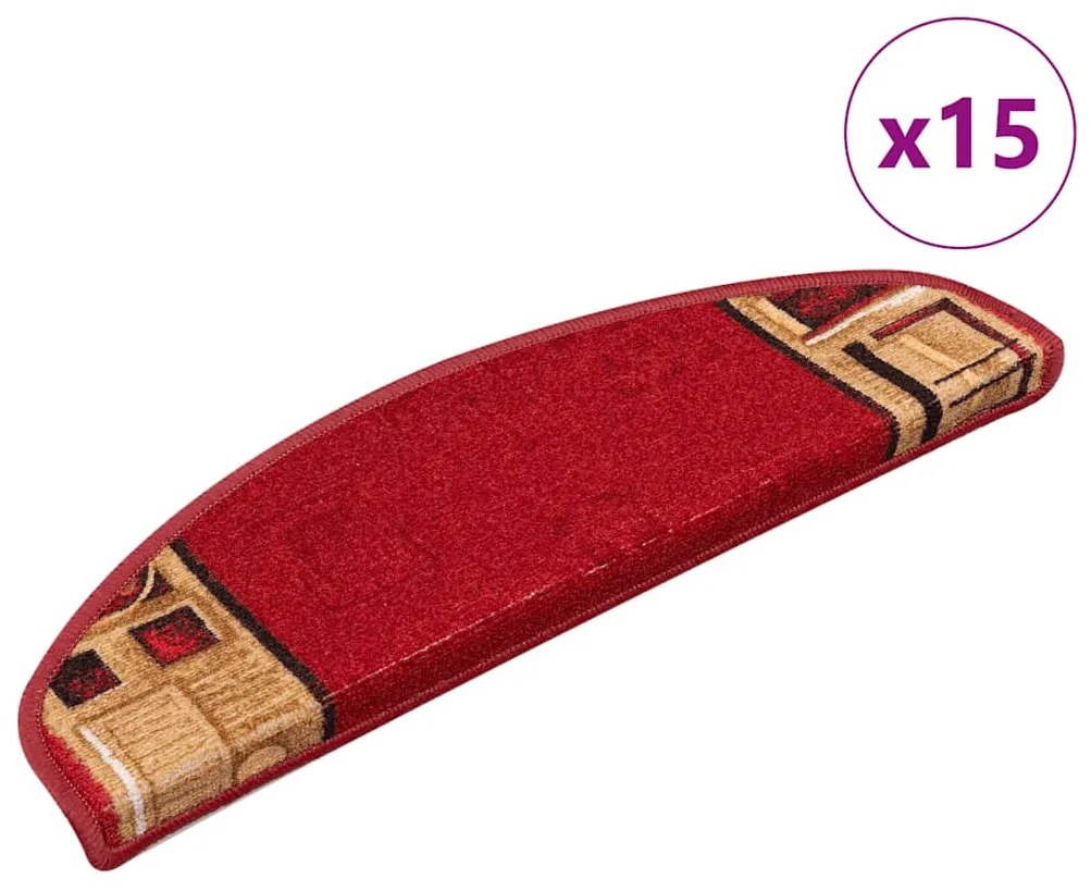 vidaXL Tapetes de escada adesivos 15 pcs 65x21x4 cm vermelho