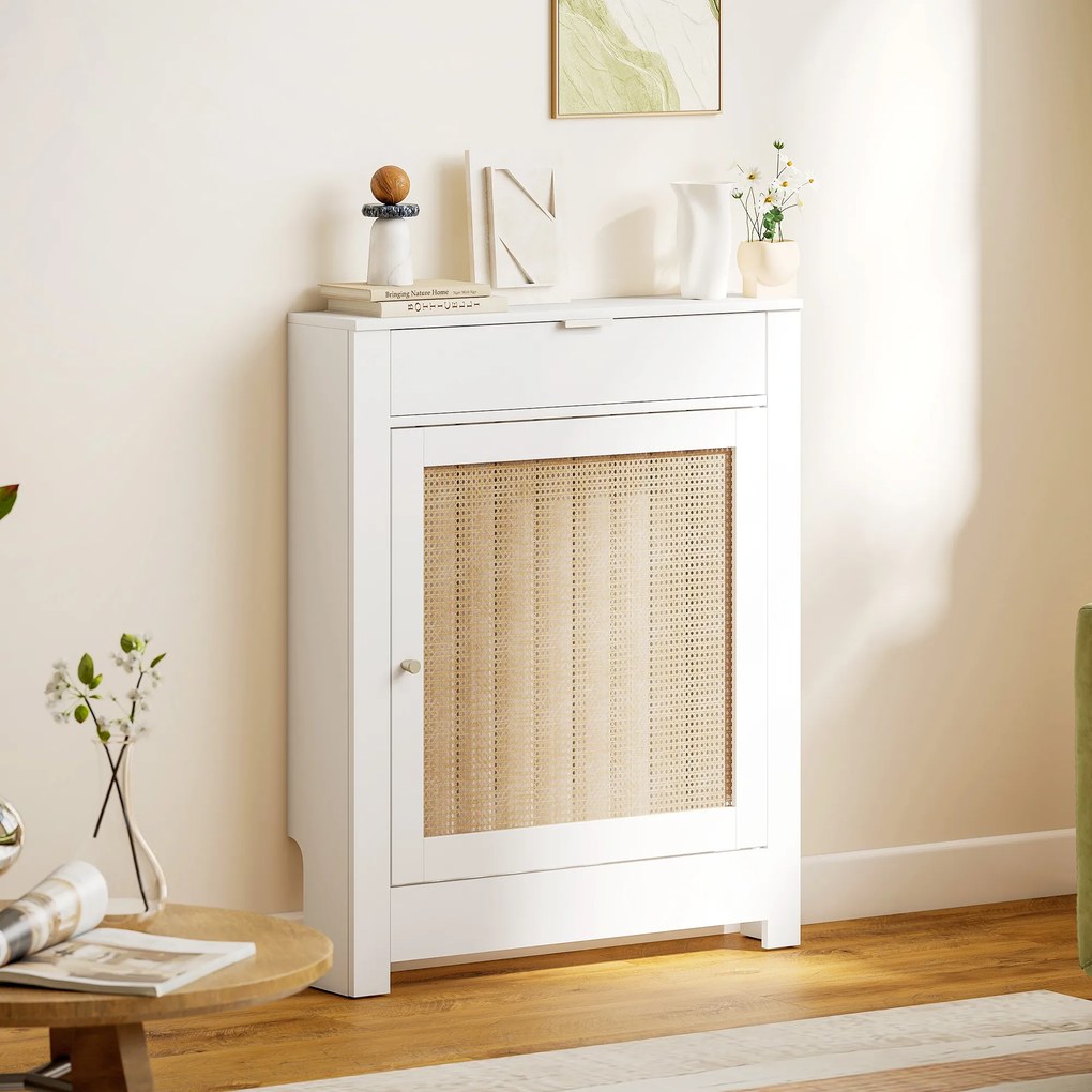 Cobertura para Radiador com Porta Rebatível e Vime Proteção Radiador de MDF 78x19x95,5 cm com Compartimento Desenho Boémio Branco