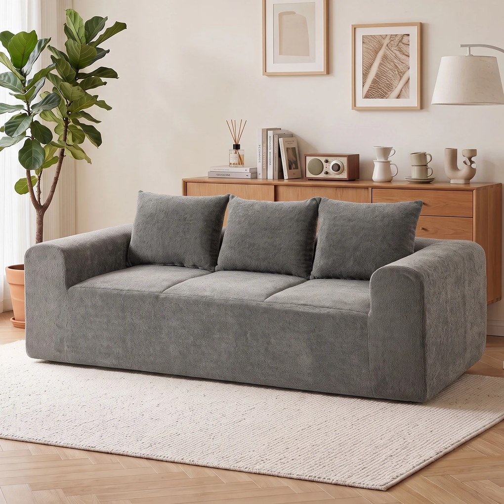 Sofá 3 Lugares em Chenille 220 cm, Sofá de Sala Moderna com Assento e Braços Largos, 3 Almofadas, Cinza